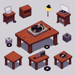 A pixel art spritesheet depicting a wooden table with a vintage turntable on top, showcasing various angles and perspectives of the scene