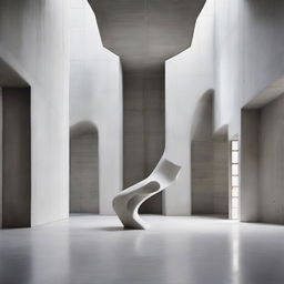 A aesthetically pleasing concrete room with high ceilings, featuring an avant-garde abstract sculpture as the centerpiece.