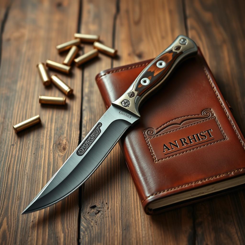 A rustic wooden table background featuring a beautifully crafted hunting knife with intricate designs