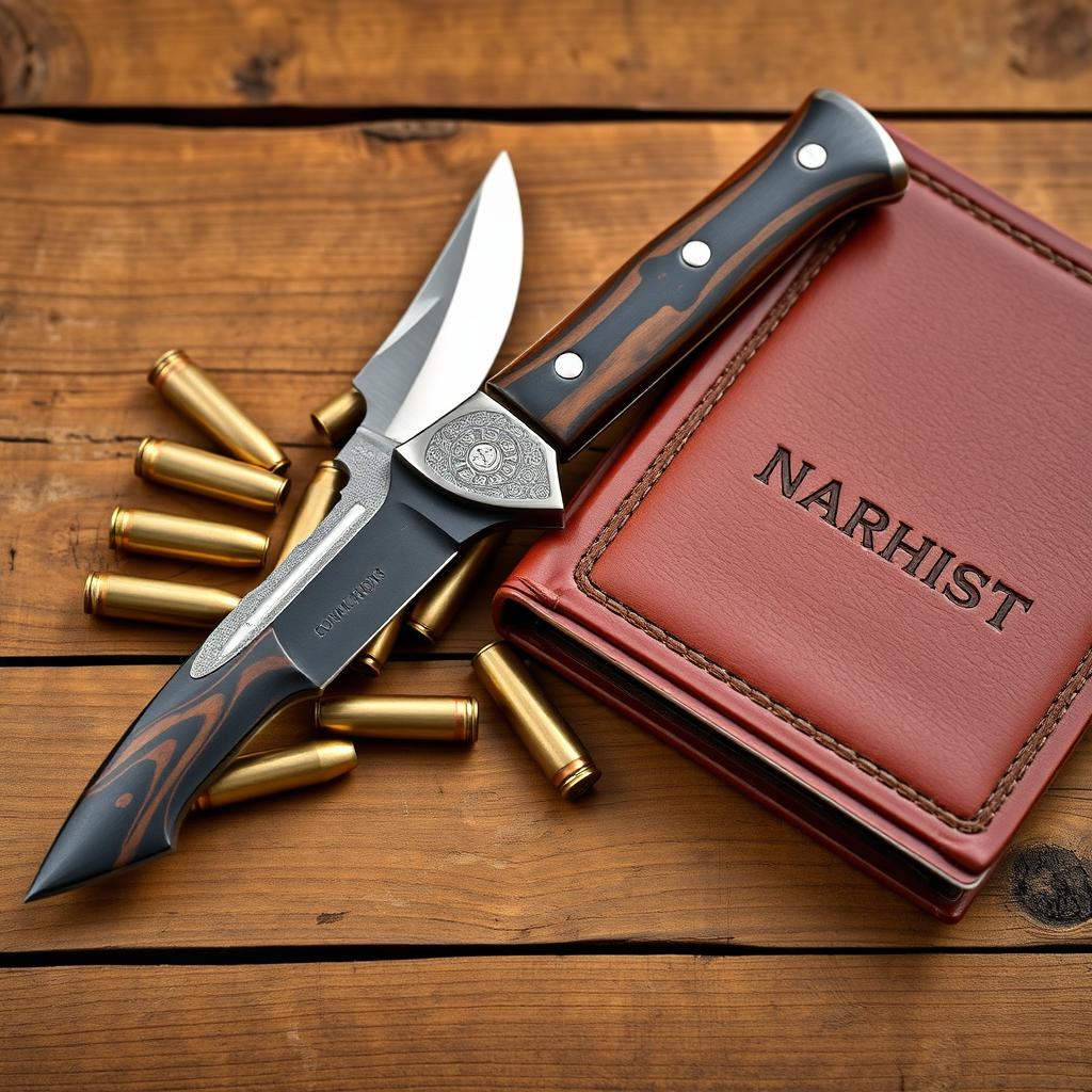 A rustic wooden table background that showcases an artistic display of a hunting knife with a beautifully crafted blade, surrounded by several bronze bullets