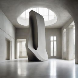 A aesthetically pleasing concrete room with high ceilings, featuring an avant-garde abstract sculpture as the centerpiece.