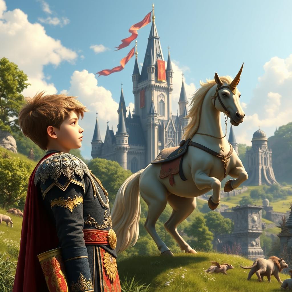 A young prince standing beside a majestic centaur with the head of a human and the body of a horse, both gazing towards a grand castle set in a vibrant fantasy landscape