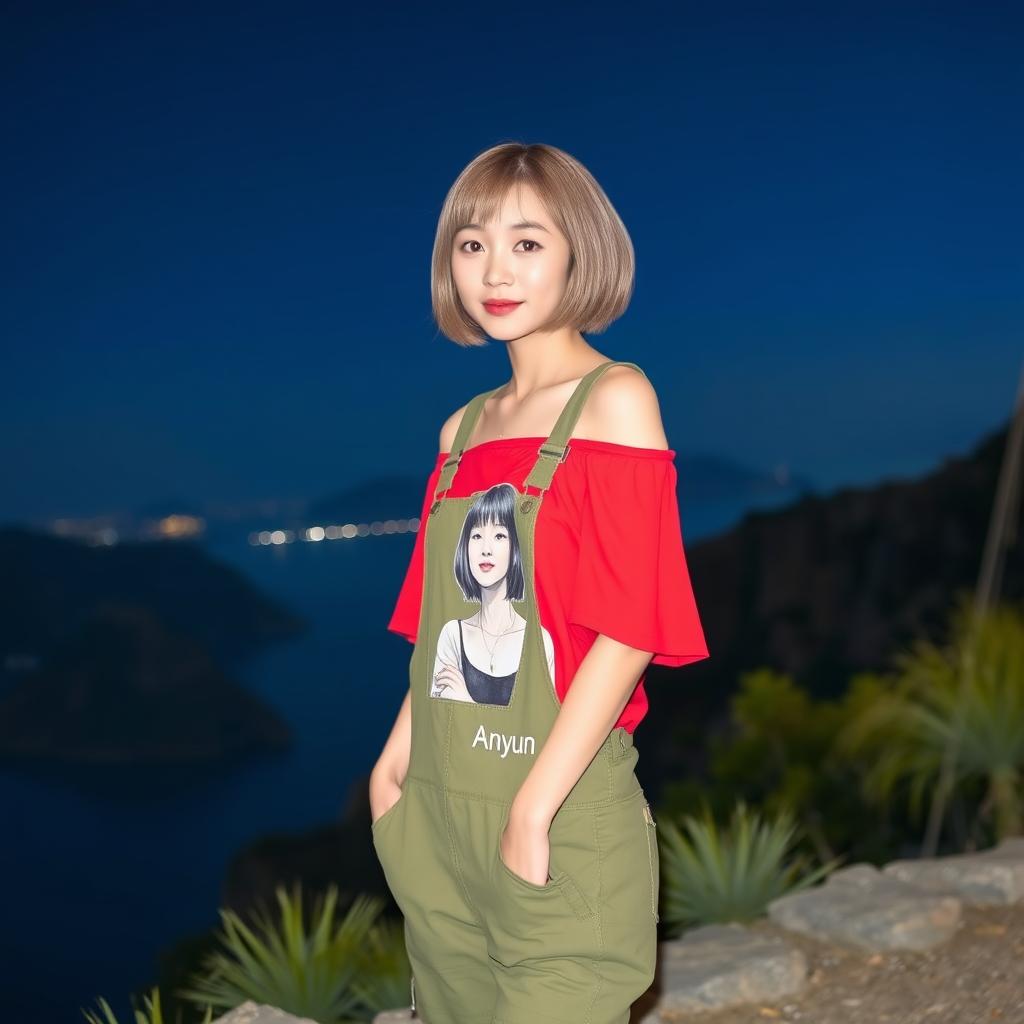 A beautiful Korean woman wearing a red off-shoulder t-shirt featuring an emo-style graphic of a woman with the text "ANyun"