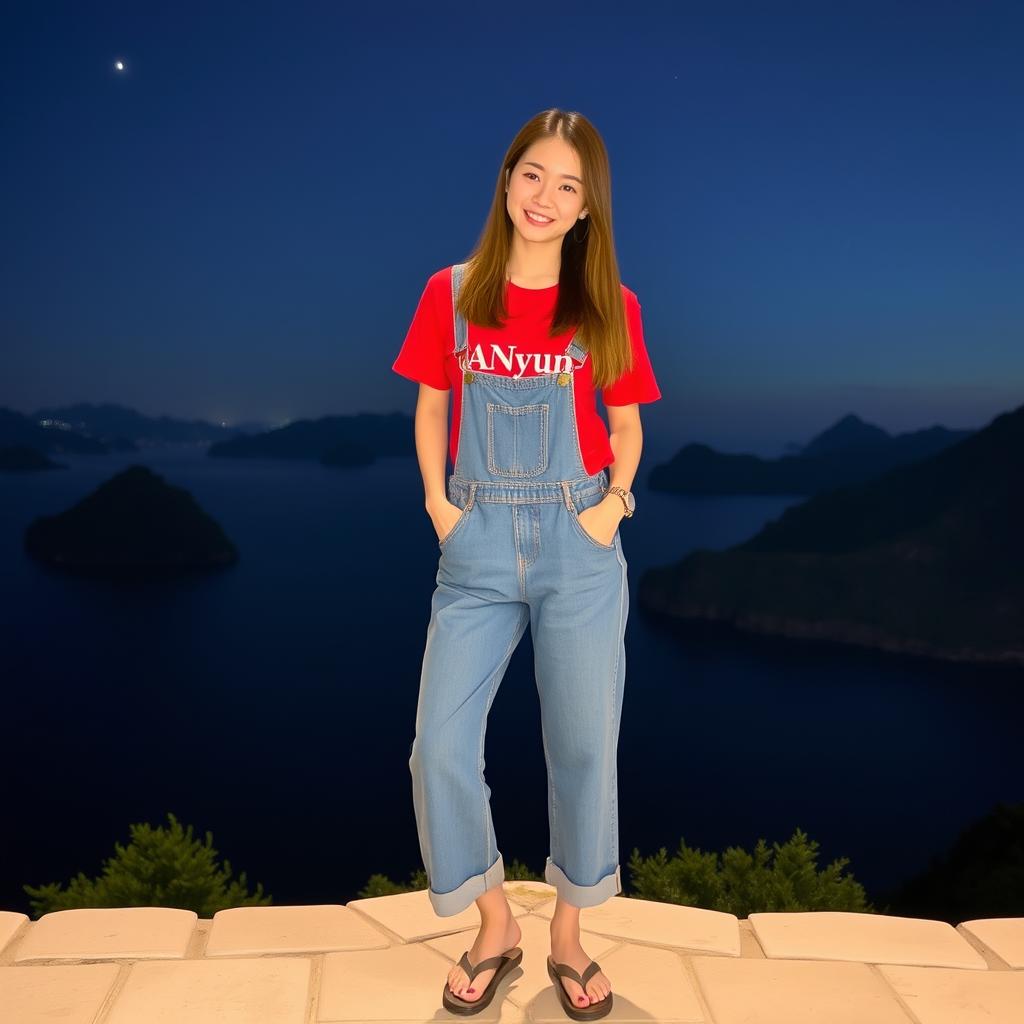 A beautiful Korean woman wearing a red t-shirt with the text "ANyun" and denim overalls, paired with flip-flops