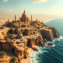 A sprawling large fantasy coastal desert capital city, majestically perched on cliffs overlooking the endless sandy expanse