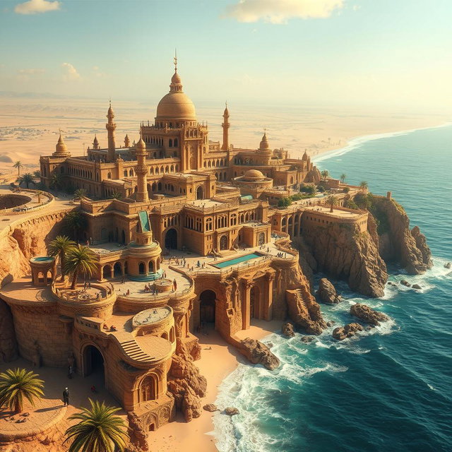 A sprawling large fantasy coastal desert capital city, majestically perched on cliffs overlooking the endless sandy expanse