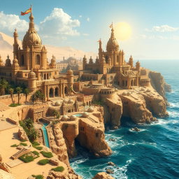 A sprawling large fantasy coastal desert capital city, majestically perched on cliffs overlooking the endless sandy expanse