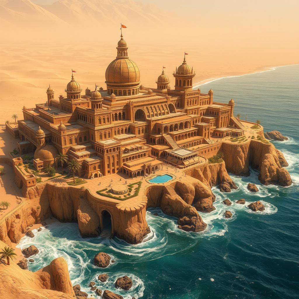A sprawling large fantasy coastal desert capital city, majestically perched on cliffs overlooking the endless sandy expanse