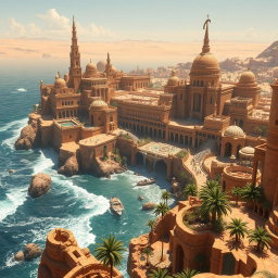 A sprawling large fantasy coastal desert capital city, majestically perched on cliffs overlooking the endless sandy expanse
