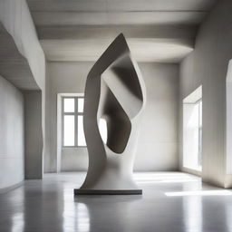 A aesthetically pleasing concrete room with high ceilings, featuring an avant-garde abstract sculpture as the centerpiece.