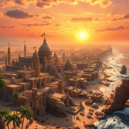 A vast and stunning fantasy coastal desert capital city, sprawling across cliffs and sandy plains, with majestic palaces and intricately designed structures that shimmer under the desert sun