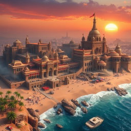 A vast and stunning fantasy coastal desert capital city, sprawling across cliffs and sandy plains, with majestic palaces and intricately designed structures that shimmer under the desert sun