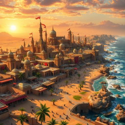 A vast and stunning fantasy coastal desert capital city, sprawling across cliffs and sandy plains, with majestic palaces and intricately designed structures that shimmer under the desert sun