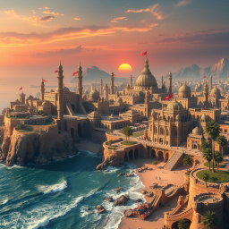 A vast and stunning fantasy coastal desert capital city, sprawling across cliffs and sandy plains, with majestic palaces and intricately designed structures that shimmer under the desert sun
