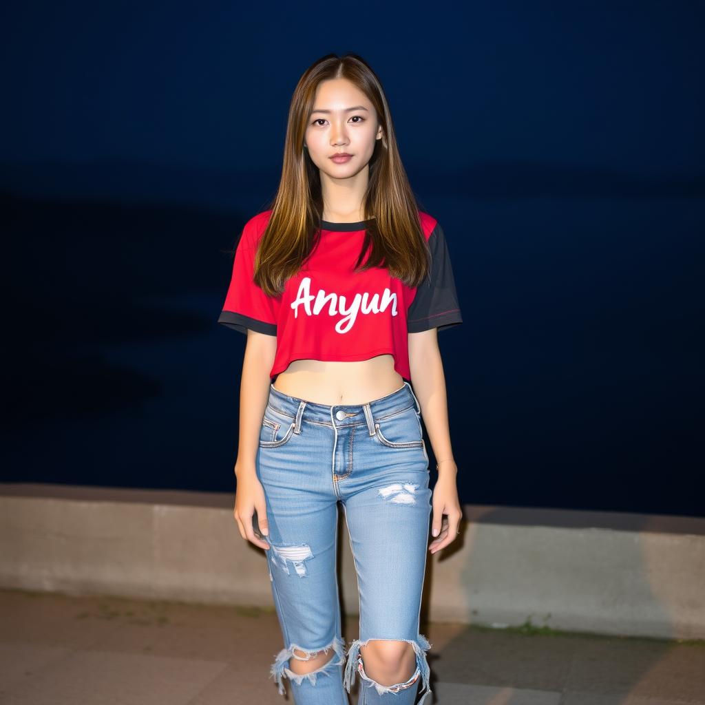 A beautiful Korean woman wearing a red and black cropped t-shirt with the word "ANyun" printed on it