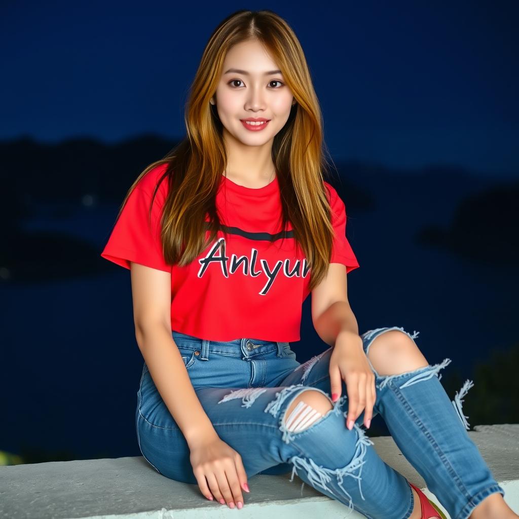 A beautiful Korean woman wearing a stylish cropped red and black t-shirt with the text "ANyun" printed on it