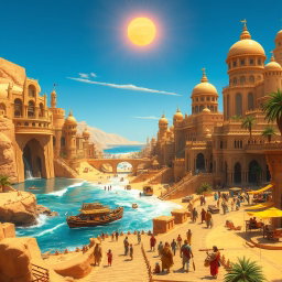An expansive fantasy coastal desert capital city, brilliantly located on the edge of a vast golden expanse