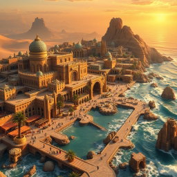 An expansive fantasy coastal desert capital city, brilliantly located on the edge of a vast golden expanse