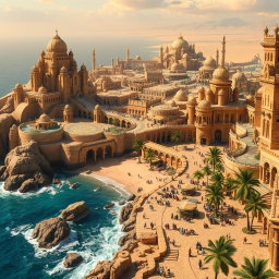 An expansive fantasy coastal desert capital city, brilliantly located on the edge of a vast golden expanse