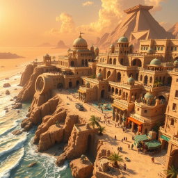 An expansive fantasy coastal desert capital city, brilliantly located on the edge of a vast golden expanse