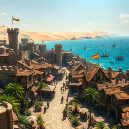 A medieval fantasy coastal desert capital city, characterized by a blend of rugged stone architecture and vibrant market life