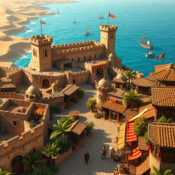 A medieval fantasy coastal desert capital city, characterized by a blend of rugged stone architecture and vibrant market life