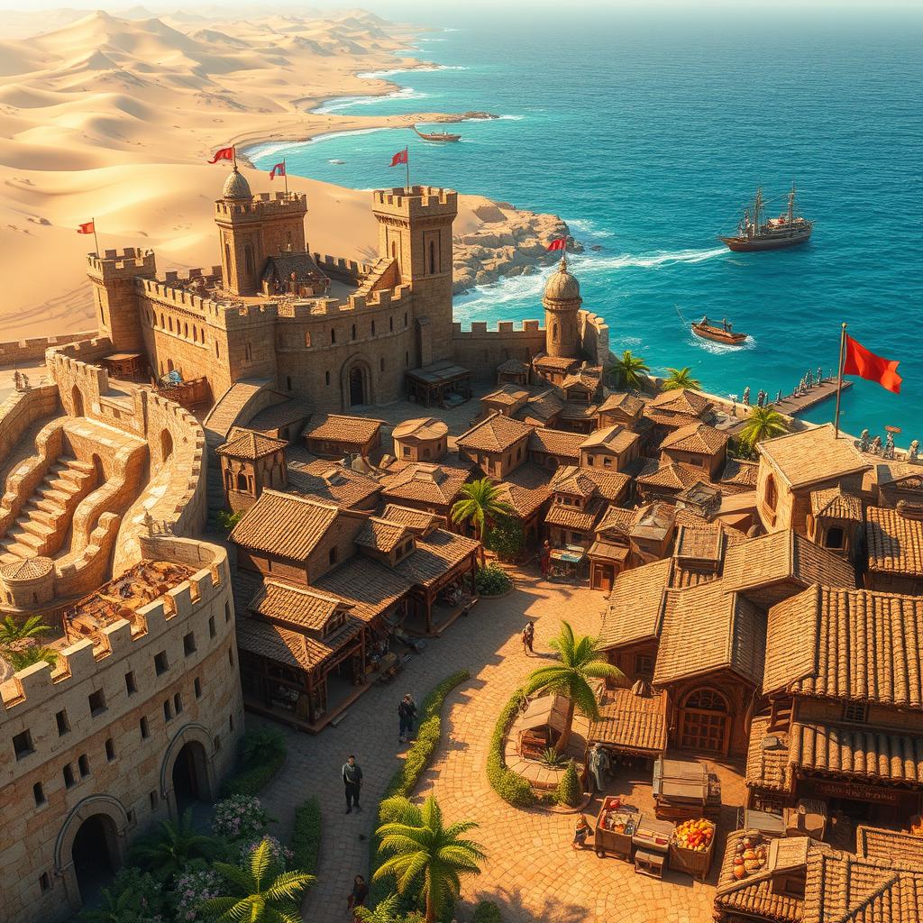 A medieval fantasy coastal desert capital city, characterized by a blend of rugged stone architecture and vibrant market life