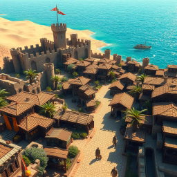 A medieval fantasy coastal desert capital city, characterized by a blend of rugged stone architecture and vibrant market life