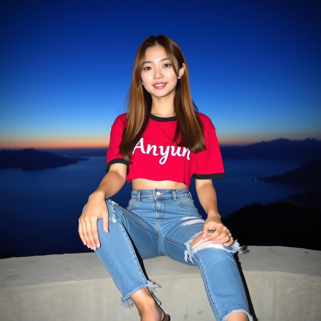 A beautiful Korean woman wearing a red and black cropped t-shirt with the text 'ANyun', ripped jeans, and flip-flops