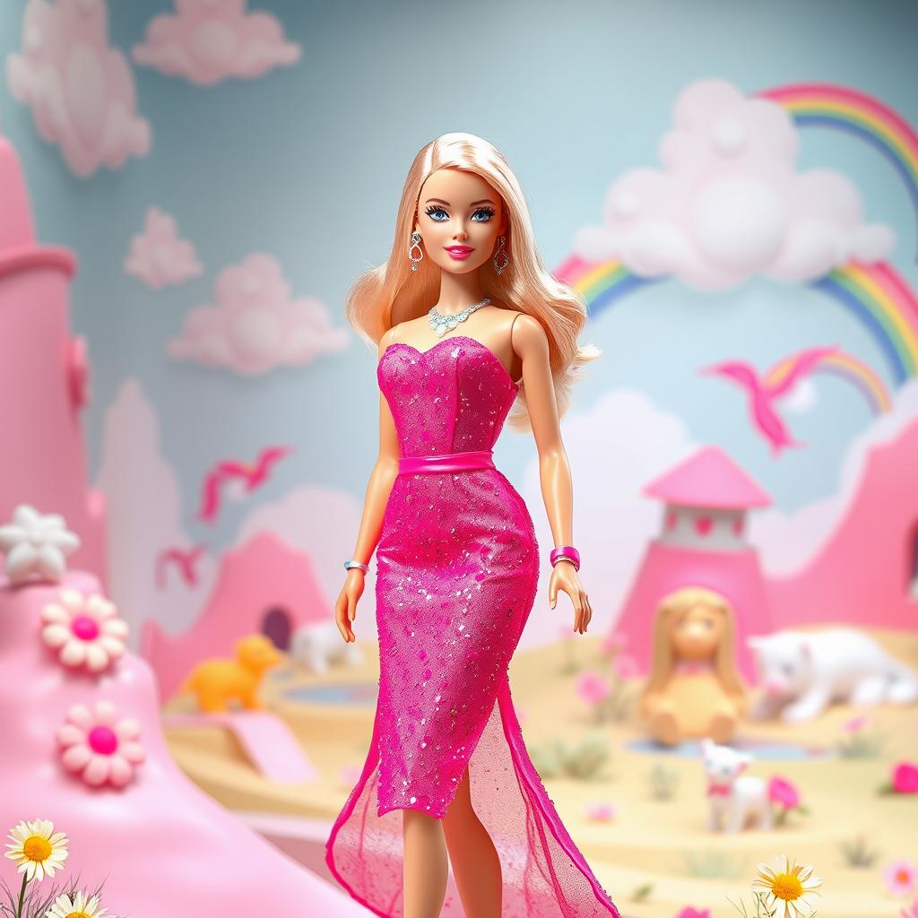 A vibrant and stylish Barbie-themed scene featuring a glamorous Barbie doll in a colorful setting