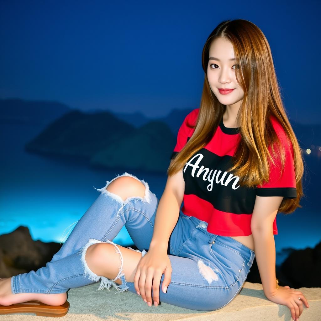 A beautiful Korean woman wearing a red and black cropped t-shirt with the text "ANyun" printed on it