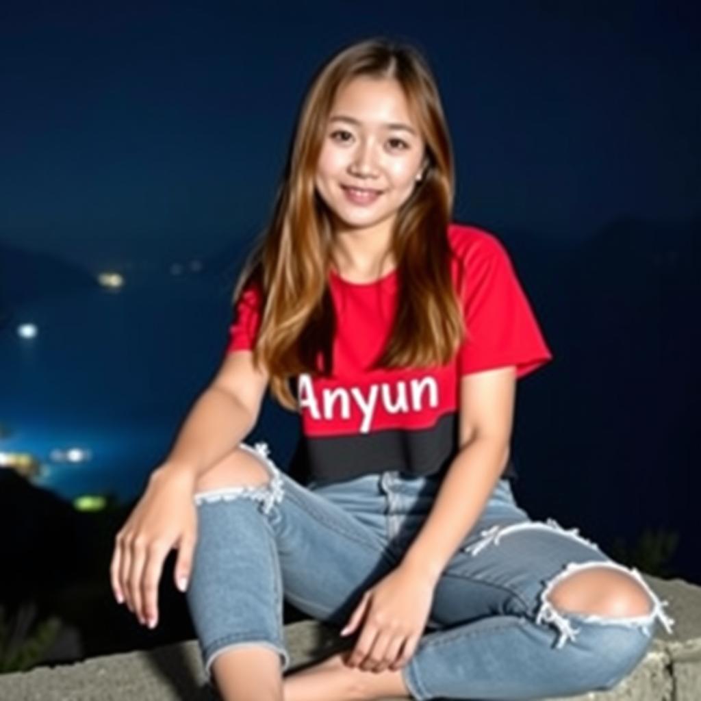 A beautiful Korean woman wearing a red and black cropped t-shirt with the word "ANyun" printed on it