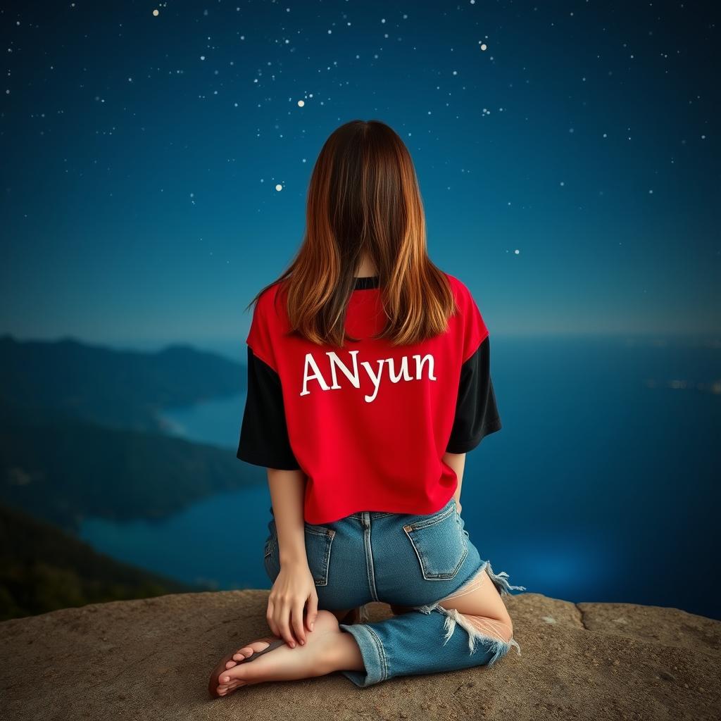 A beautiful Korean woman wearing a loose-fitting red and black cropped t-shirt with the text "ANyun" printed on it