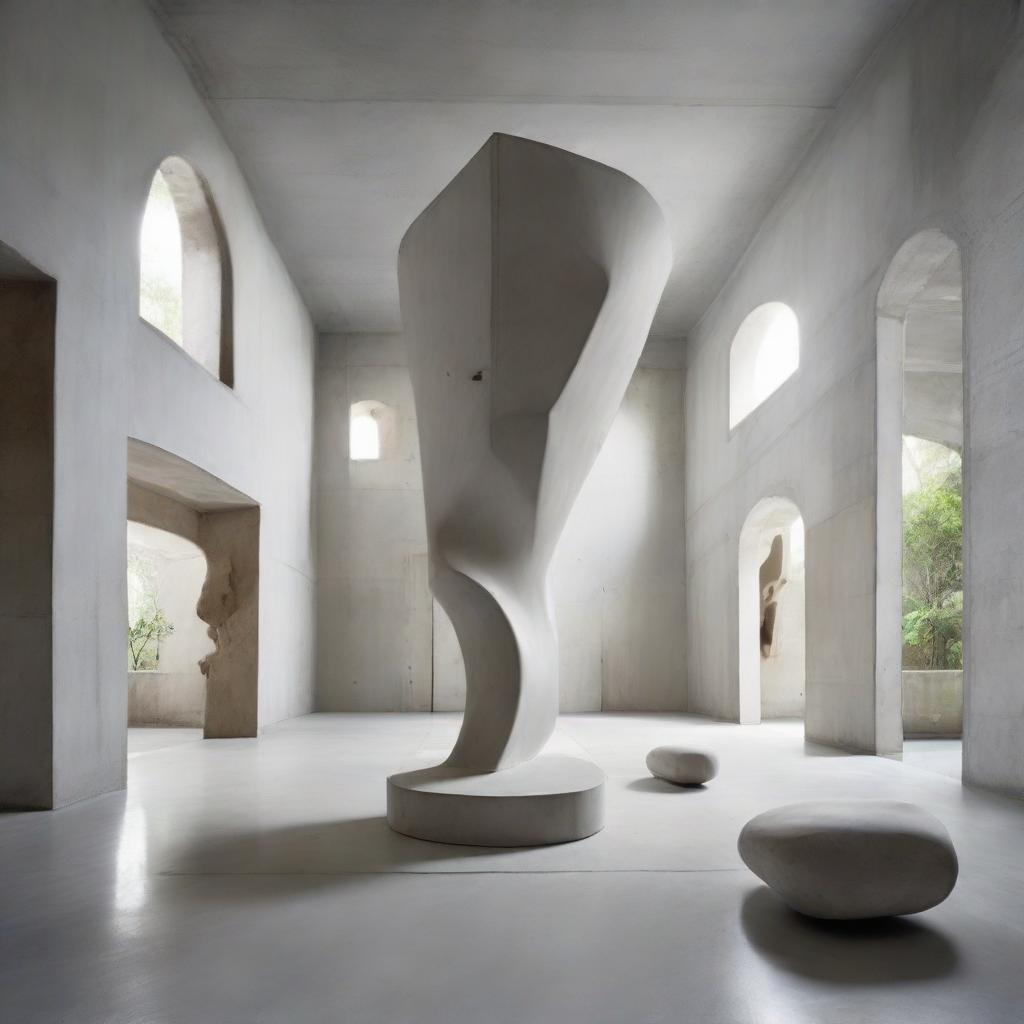 A aesthetically pleasing concrete room with high ceilings, featuring an avant-garde abstract sculpture as the centerpiece.