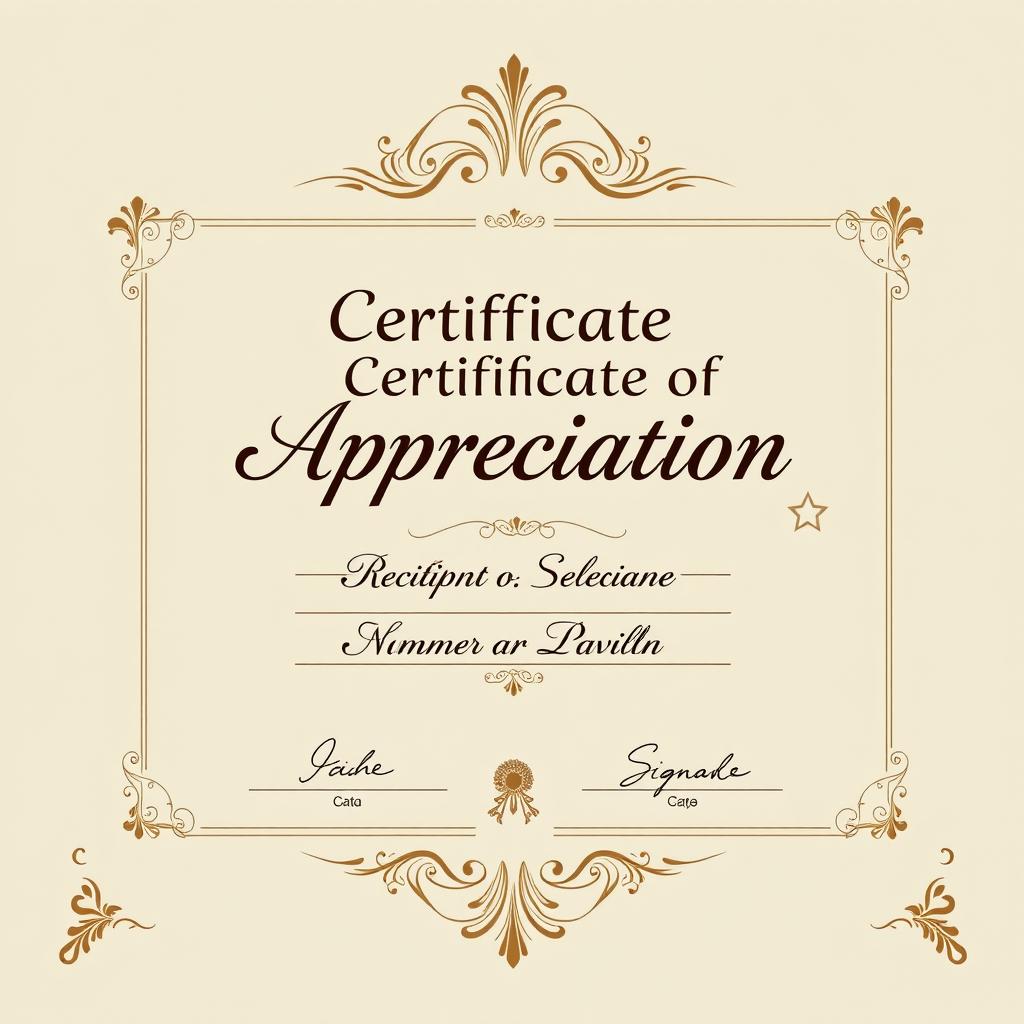 A beautifully designed certificate of appreciation featuring an elegant border and decorative elements