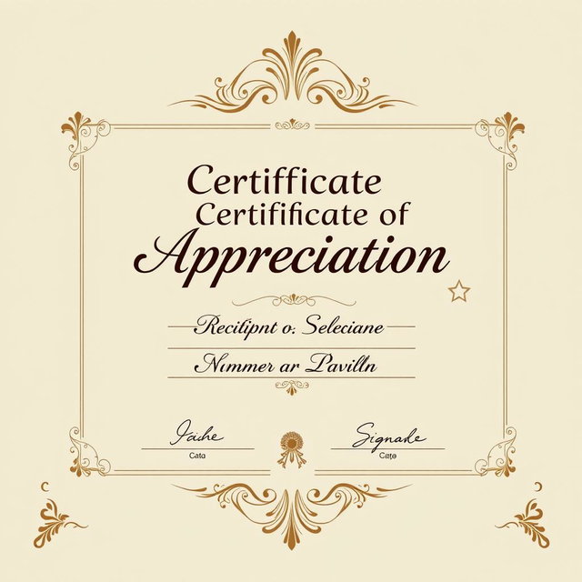 A beautifully designed certificate of appreciation featuring an elegant border and decorative elements