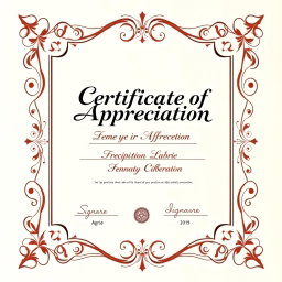 A beautifully designed certificate of appreciation featuring an elegant border and decorative elements