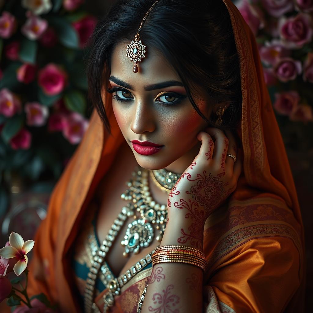 A sensual and artistic representation of an Indian female figure, focusing on aesthetic beauty and cultural elegance
