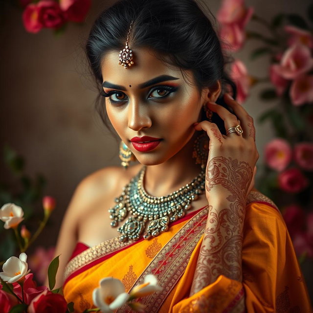 A sensual and artistic representation of an Indian female figure, focusing on aesthetic beauty and cultural elegance