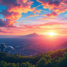 A stunning, ethereal landscape capturing the signature vibrancy and detailed aesthetics of Makoto Shinkai's anime style