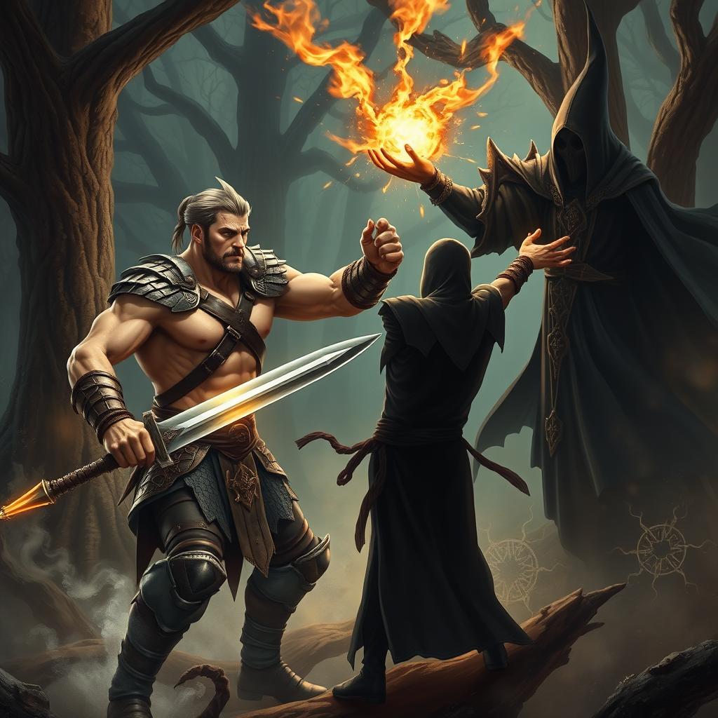 A fierce battle scene between a muscular man and a mystical warlock in a dark, enchanted forest