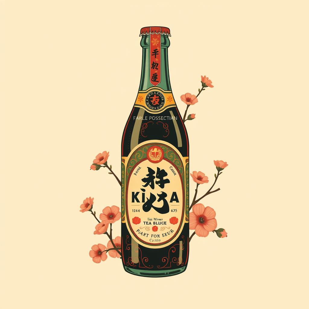 A vintage soda bottle label featuring mid-century modern design elements, inspired by a Japanese kissa (teahouse) aesthetic, elegantly blending traditional Japanese motifs with Parisian apothecary vibes