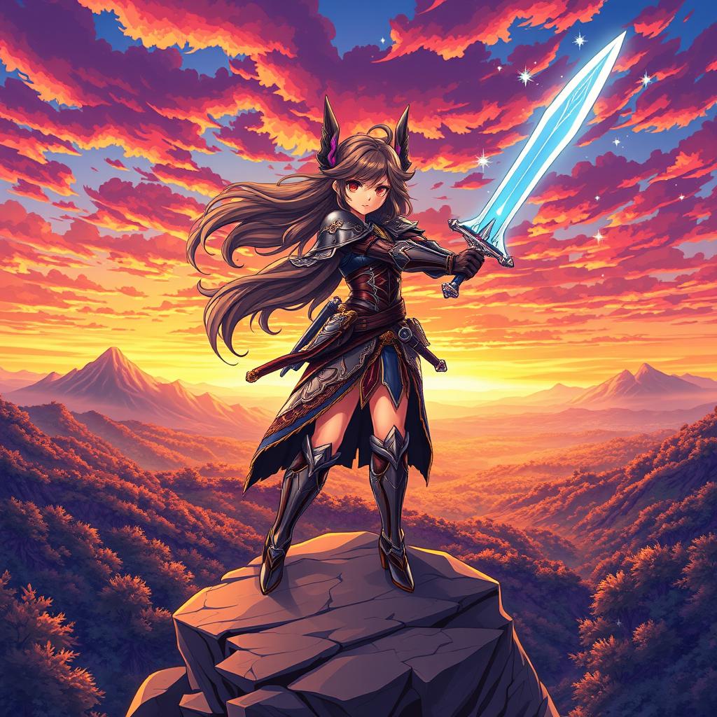 A vibrant and colorful anime-style illustration featuring a fierce warrior girl wielding a glowing sword, adorned in intricate armor with flowing hair, standing atop a rocky cliff overlooking a sprawling fantasy landscape filled with lush forests and distant mountains