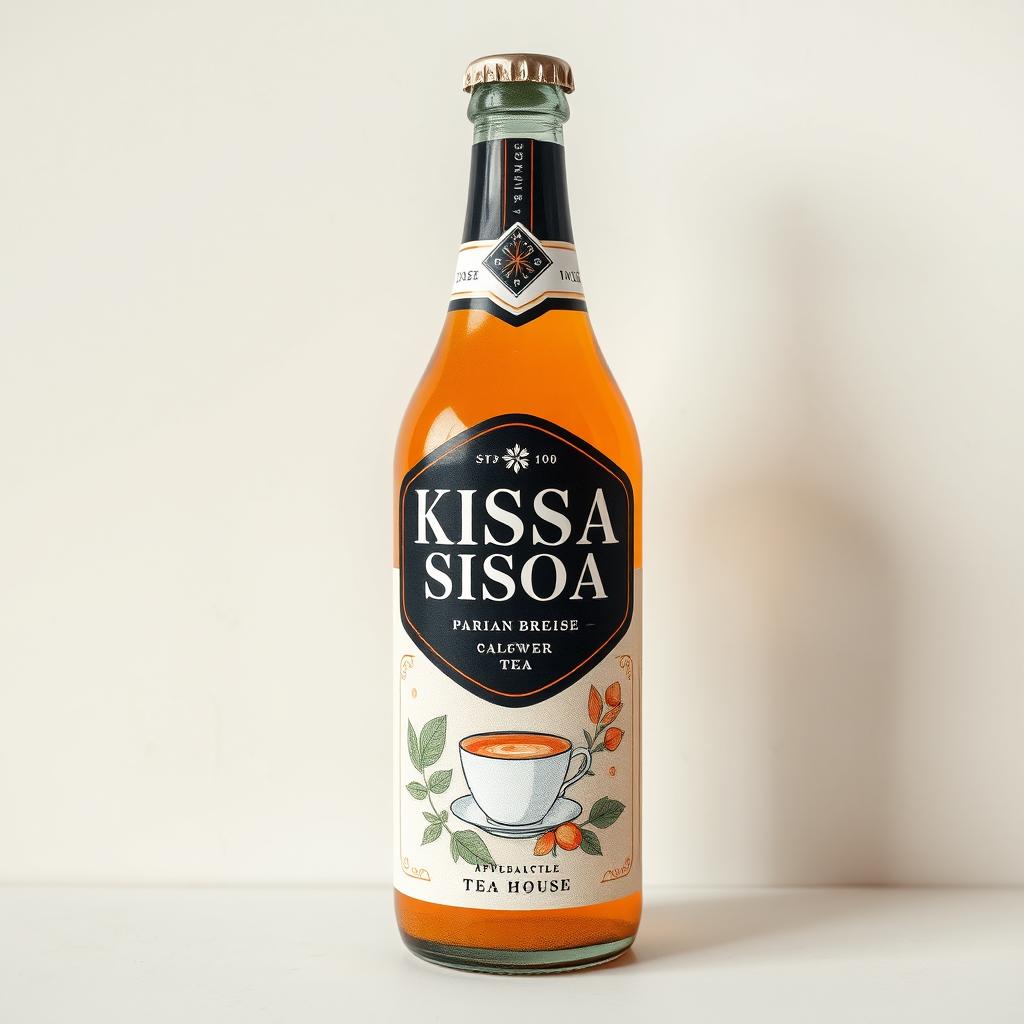 A beautifully designed soda bottle label inspired by mid-century modern aesthetics, featuring elegant geometric shapes and soft pastel colors