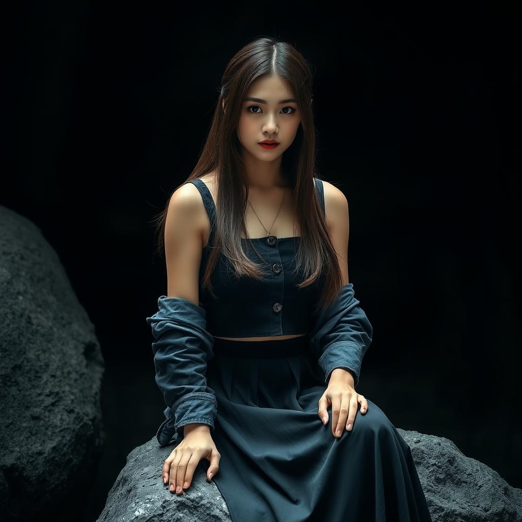 A beautiful Korean woman wearing a black tank top layered with a cropped denim shirt, paired with a long skirt