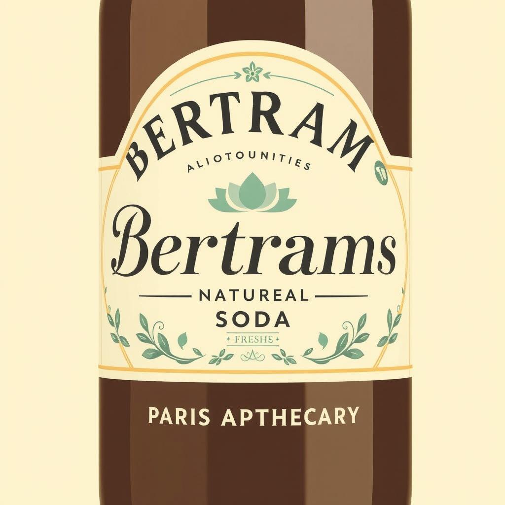 A vintage soda bottle label showcasing the name 'Bertrams Natural Soda' in elegant, mid-century modern typography