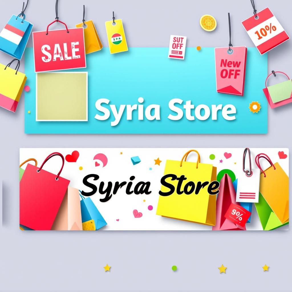 A vibrant Facebook cover for the page named 'Syria Store', featuring various marketing elements