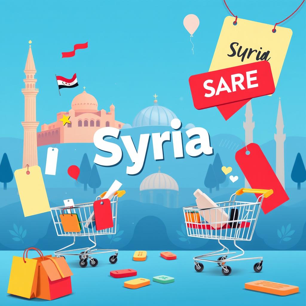 A vibrant Facebook cover image for a page called 'Syria Store', featuring elements that represent marketing, such as shopping carts, price tags, and promotional banners