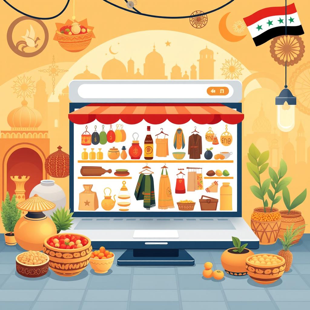 An illustration of a vibrant online shopping scene representing a Syrian e-commerce store