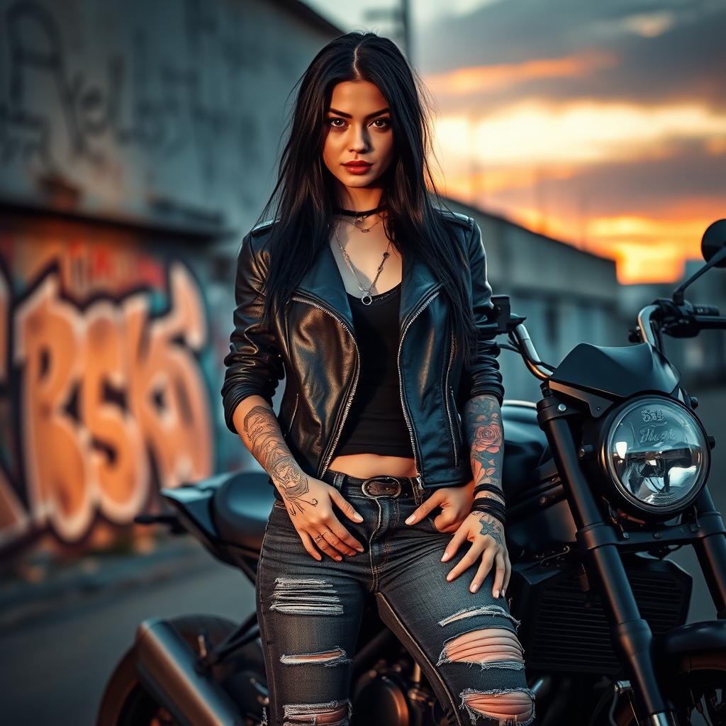 An edgy girl with long black hair, wearing a leather jacket and ripped jeans, confidently standing next to a sleek motorbike